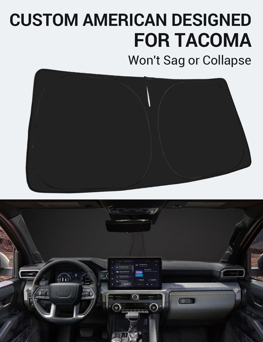 Custom-fit windshield sunshade installed in a 2024-2025 Toyota Tacoma