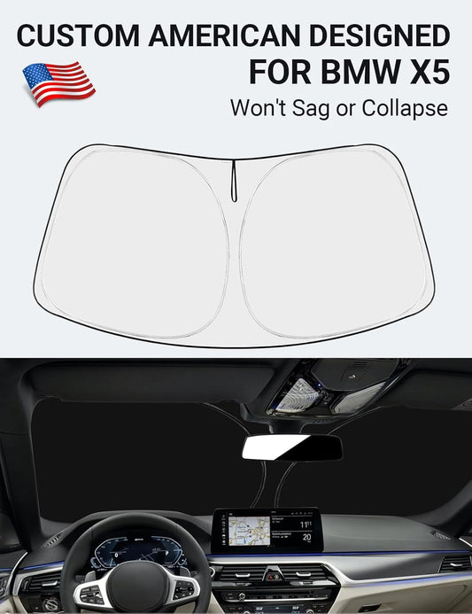 Custom American designed 2019-2026 BMW X5 windshield sunshade, will not sag or collapse