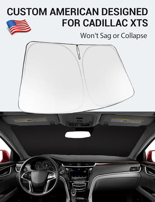 Custom American designed 2013-2019 Cadillac XTS windshield sunshade, will not sag or collapse