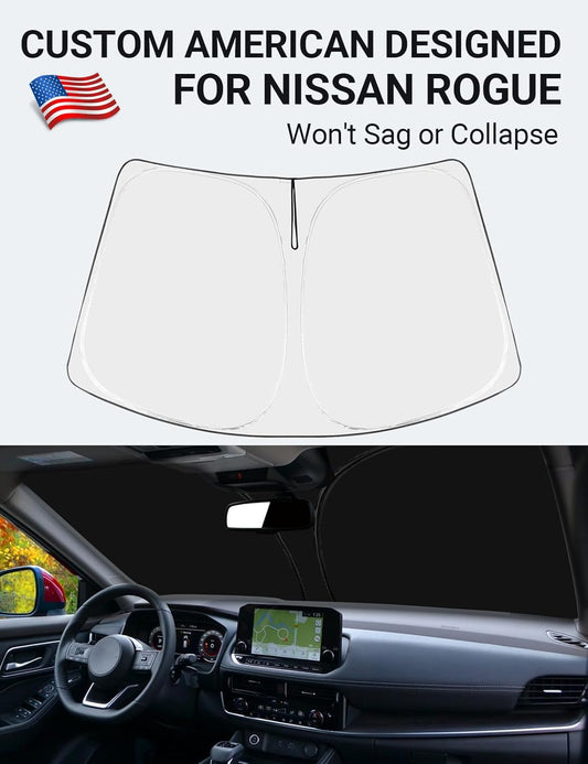 Custom American designed 2021-2025 Nissan Rogue windshield sunshade, will not sag or collapse