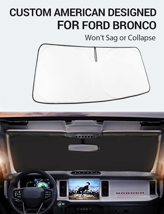 Custom American designed 2021-2026 Ford Bronco windshield sunshade, will not sag or collapse