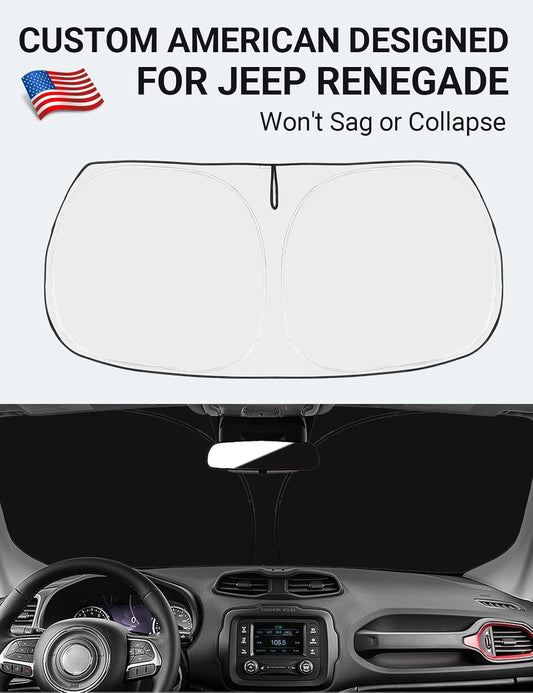 Custom American designed 2015-2023 Jeep Renegade windshield sunshade, will not sag or collapse