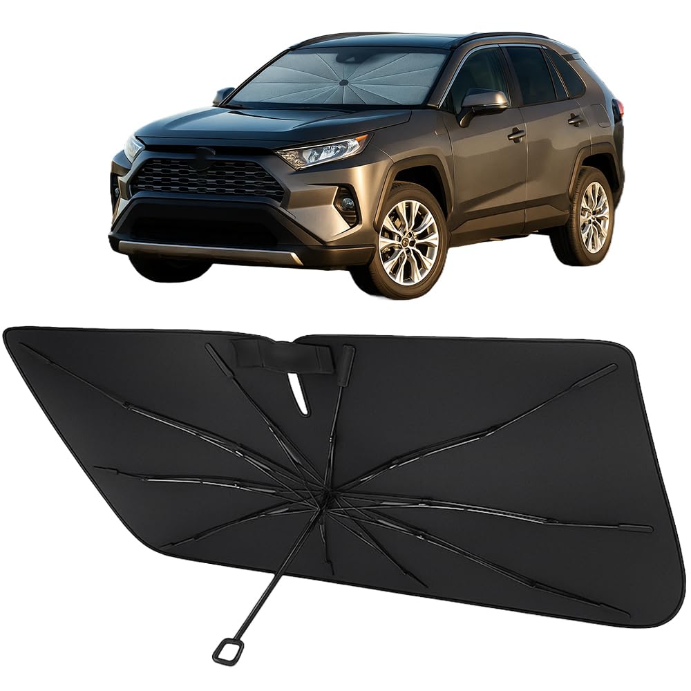 Proadsy Windshield Sun Shade Umbrella for Toyota RAV4 2019-2025 2026 Foldable Car Umbrella Sunshade with Soft TPU Handle Spring Structure Crystal Cooling Material Protect Car from Rays & Heat