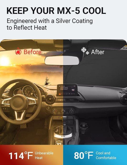 Custom American designed 2016-2026 Mazda MX-5 windshield sunshade, will not sag or collapse