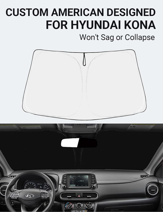 Custom American designed 2018-2025 Hyundai Kona windshield sunshade, will not sag or collapse