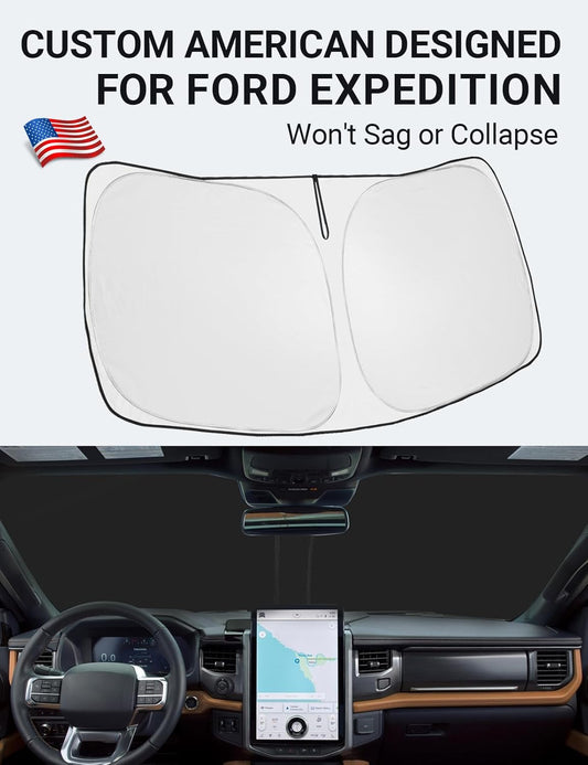 Custom American designed 2018-2024 Ford Expedition windshield sunshade, will not sag or collapse