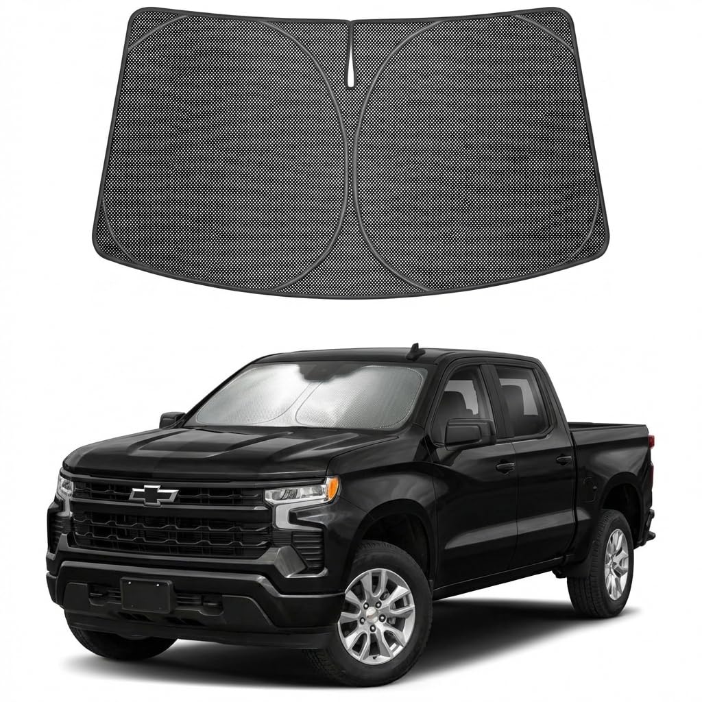 Proadsy Windshield Sun Shade Custom Fit Silverado 1500 2019-2026 Ice Crystal Black Front Window Sunshade UV and Heat Blocker Foldable Visor Keeps Car Cooler for Summer Parking and Daily Use