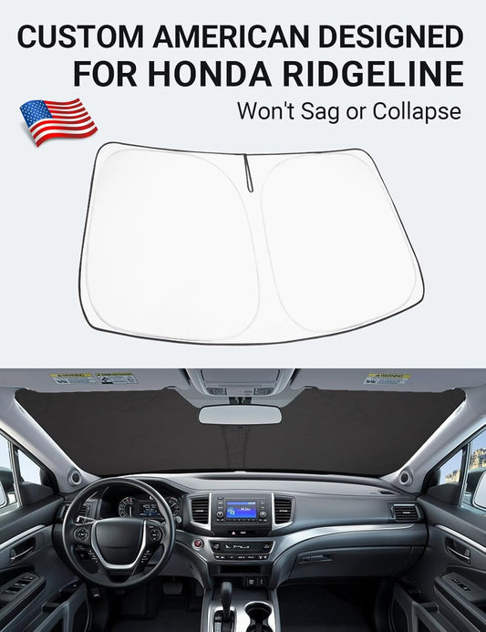 Custom American designed 2017-2026 Honda Ridgeline windshield sunshade, will not sag or collapse