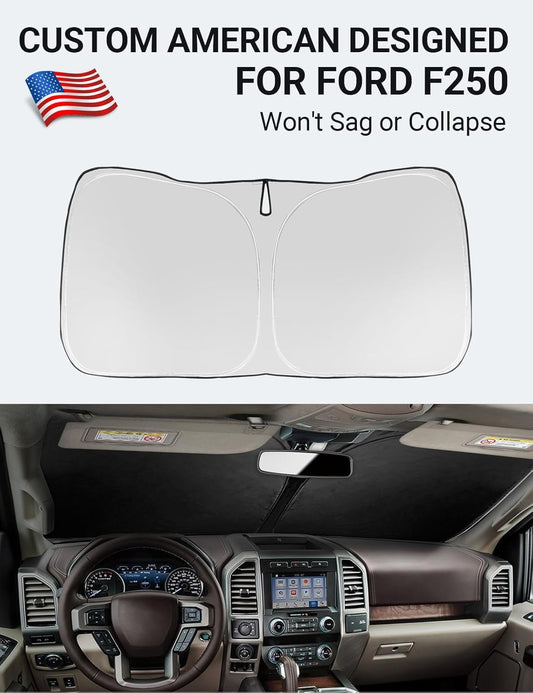 Custom American designed 2017-2026 Ford Super Duty F-250 windshield sunshade, will not sag or collapse
