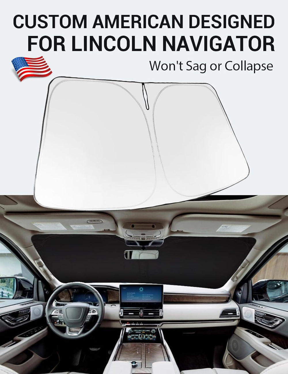 Proadsy 2025 Upgrade Windshield Sun Shade Custom Fit 2018–2023 2024 2025 Lincoln Navigator Foldable Front Sunshade Protector Sun Visor Blocks UV Rays Keep Car Cooler