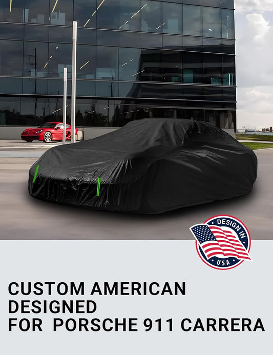 Custom fit 1998-2026 Porsche 911 Carrera car cover on car, American designed full exterior protection