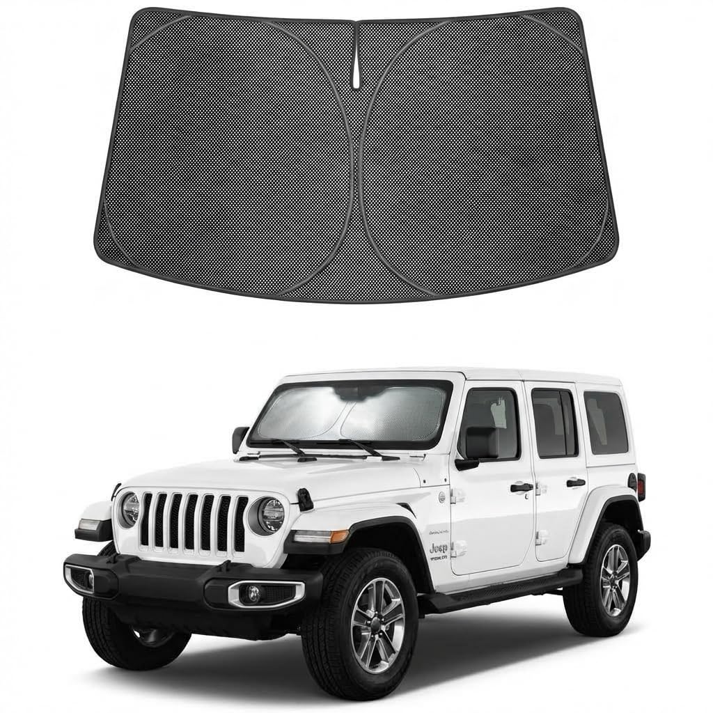 Proadsy Windshield Sun Shade Custom Fit Jeep Wrangler 2018-2026 Ice Crystal Black Front Window Sunshade UV and Heat Blocker Foldable Visor Keeps Car Cooler for Summer Parking and Daily Use