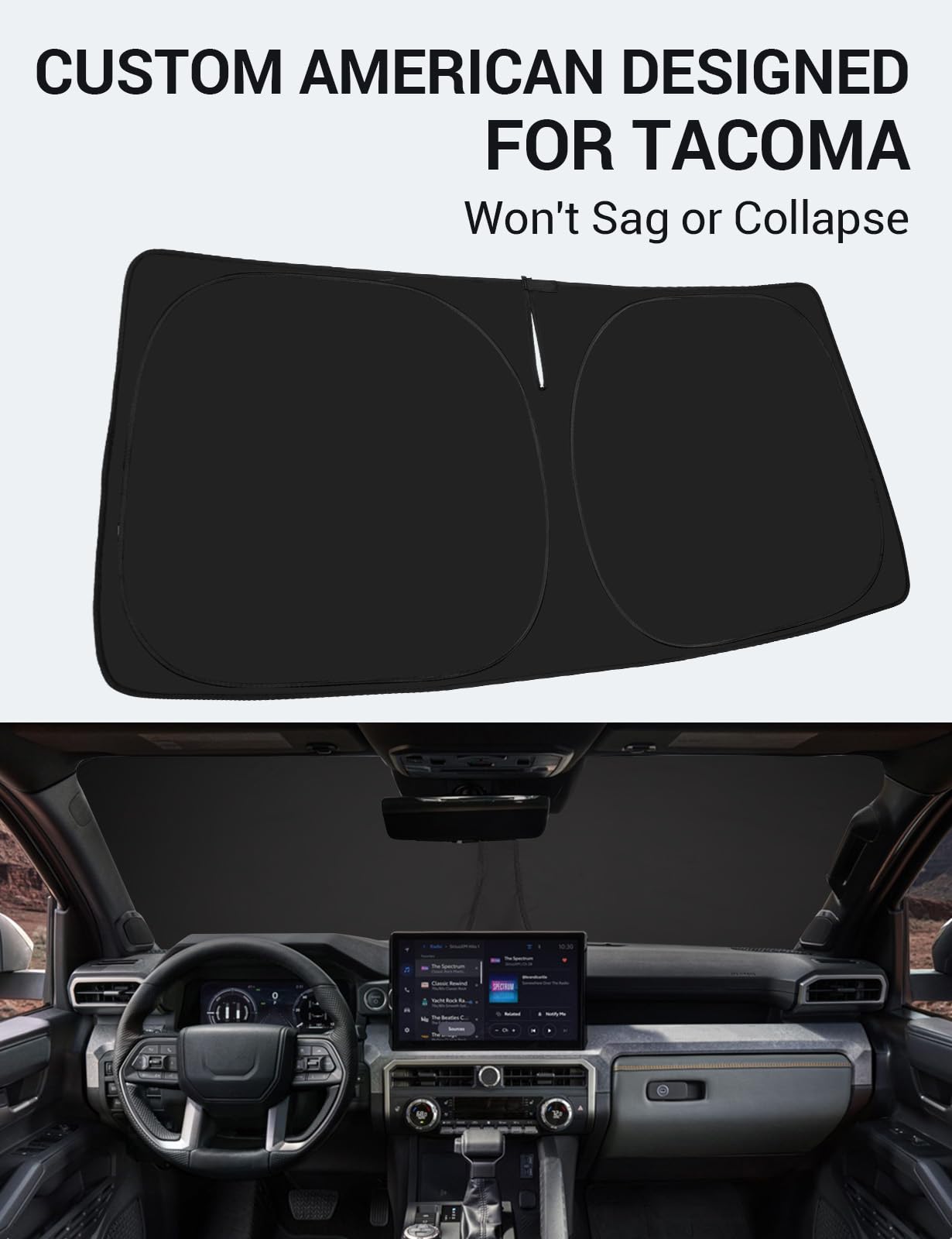 Custom-fit windshield sunshade installed in a 2024-2025 Toyota Tacoma