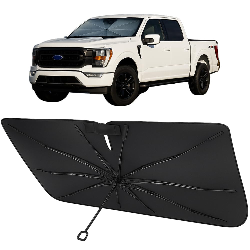 Proadsy Windshield Sun Shade Umbrella for Ford F-150 2021-2025 2026 Foldable Car Umbrella Sunshade with Soft TPU Handle Spring Structure Crystal Cooling Material Protect Car from Rays & Heat