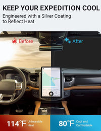 2018-2024 Ford Expedition windshield sun shade keeps car interior cool, before and after comparison