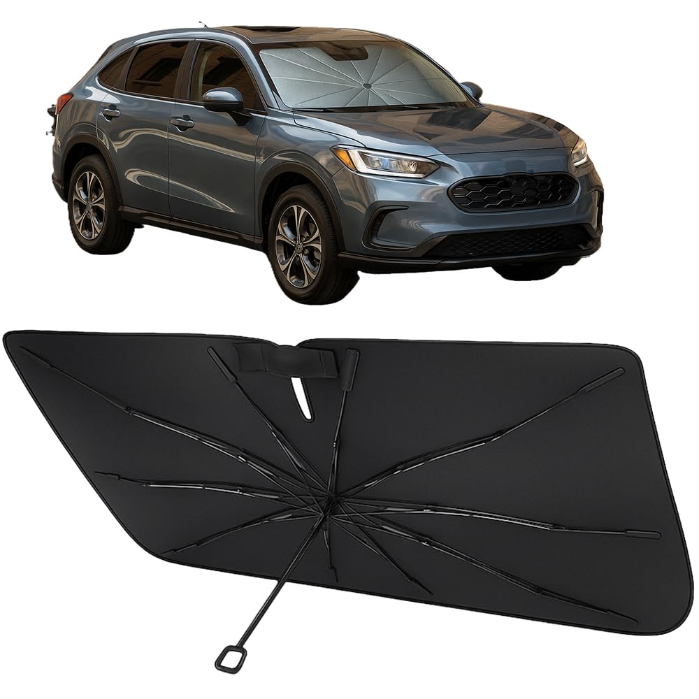 Proadsy Windshield Sun Shade Umbrella for Honda HRV HR-V 2023-2025 2026 Foldable Car Umbrella Sunshade with Soft TPU Handle Spring Structure Crystal Cooling Material Protect Car from Rays & Heat