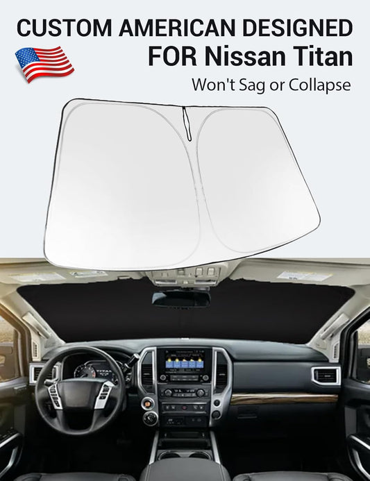 Custom American designed 2020-2024 Nissan Titan windshield sunshade, will not sag or collapse