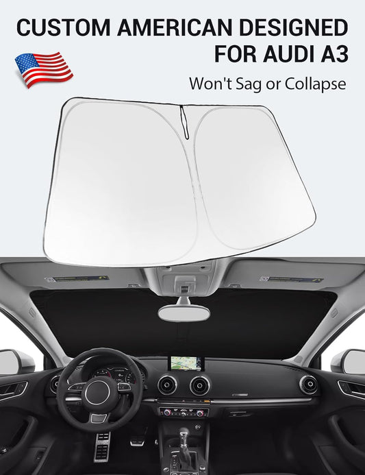 Custom American designed 2014-2020 Audi A3 windshield sunshade, will not sag or collapse