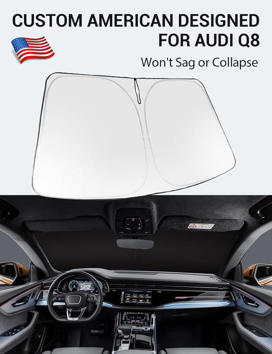 Custom American designed 2019-2026 Audi Q8 windshield sunshade, will not sag or collapse