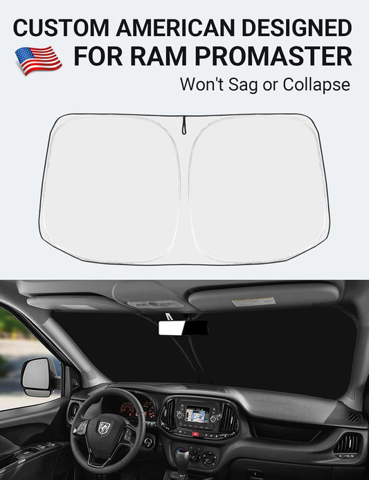 Custom American designed 2014-2026 Dodge Ram Promaster windshield sunshade, will not sag or collapse