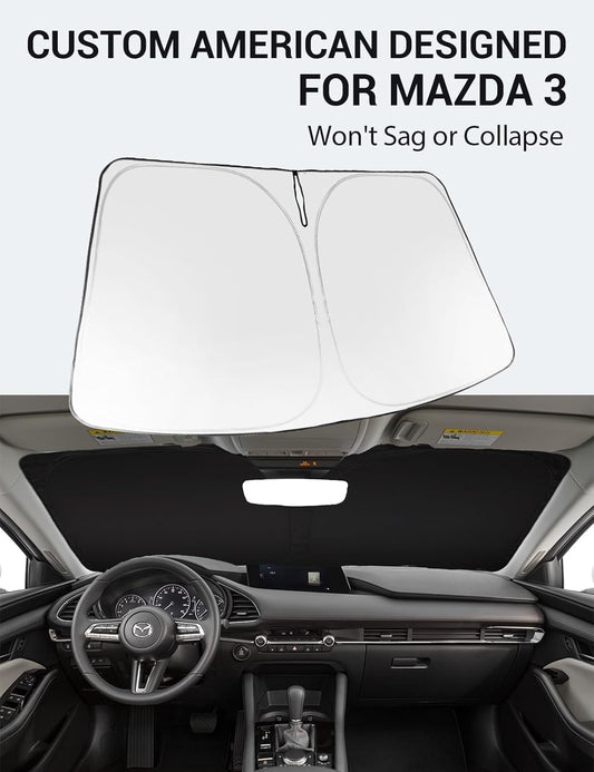 Custom American designed 2019-2026 Mazda 3 windshield sunshade, will not sag or collapse