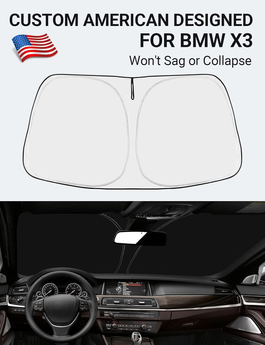 Custom American designed 2011-2017 BMW X3 windshield sunshade, will not sag or collapse