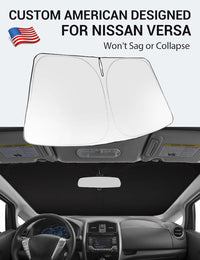Custom American designed 2012-2018 Nissan Versa windshield sunshade, will not sag or collapse