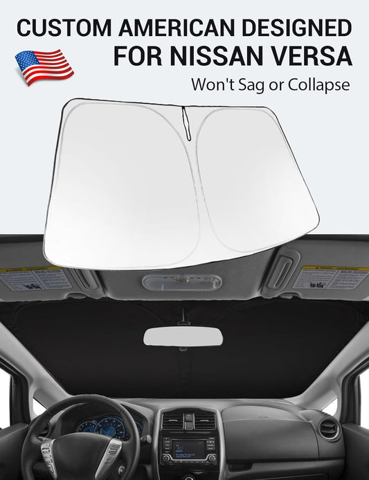 Custom American designed 2012-2018 Nissan Versa windshield sunshade, will not sag or collapse