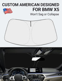 Custom American designed 2019-2026 BMW X5 windshield sunshade, will not sag or collapse