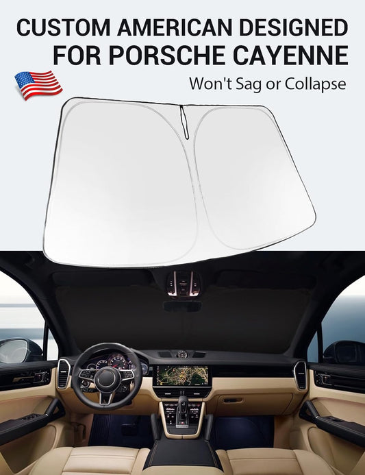 Custom American designed 2019-2026 Porsche Cayenne windshield sunshade, will not sag or collapse