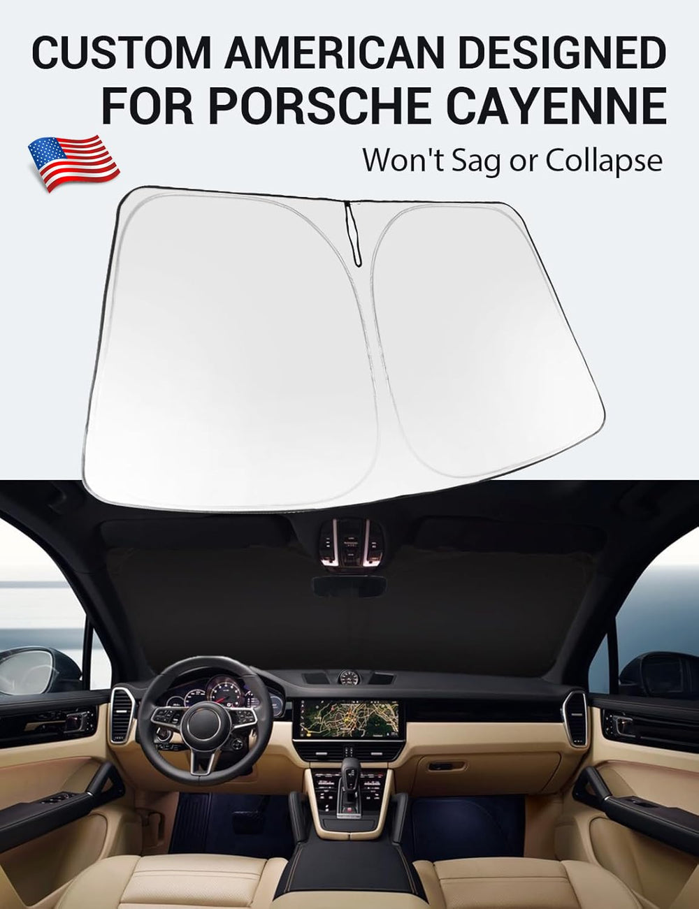 Proadsy 2025 Upgrade Windshield Sun Shade Custom Fit 2019–2023 2024 2025 Porsche Cayenne Foldable Front Sunshade Protector Sun Visor Blocks UV Rays Keep Car Cooler