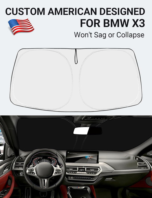 Custom American designed 2018-2025 BMW X3 windshield sunshade, will not sag or collapse