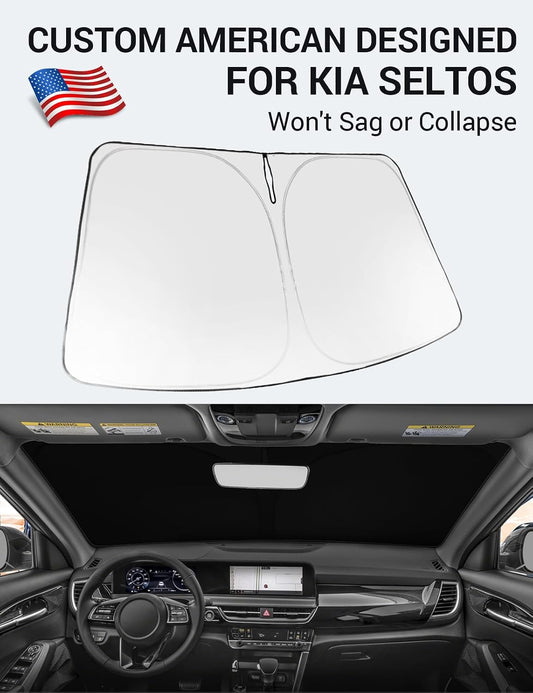 Custom American designed 2021-2026 Kia Seltos windshield sunshade, will not sag or collapse