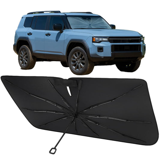 Proadsy Windshield Sun Shade Umbrella for Toyota Land Cruiser 2024-2025 2026 Foldable Car Umbrella Sunshade with Soft TPU Handle Spring Structure Crystal Cooling Material Protect Car from Rays & Heat