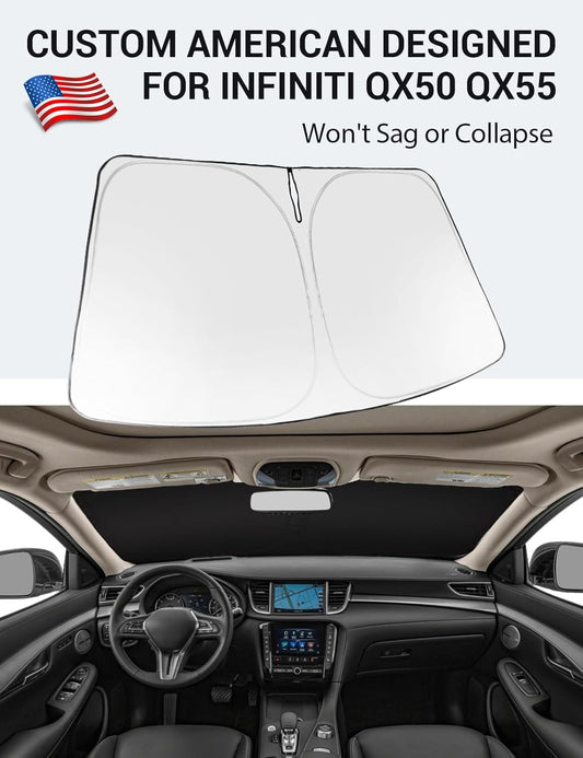 Custom American designed 2019-2026 Infiniti QX50 & QX55 windshield sunshade, will not sag or collapse