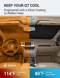 2007-2015 Audi Q7 windshield sun shade keeps car interior cool, before and after comparison