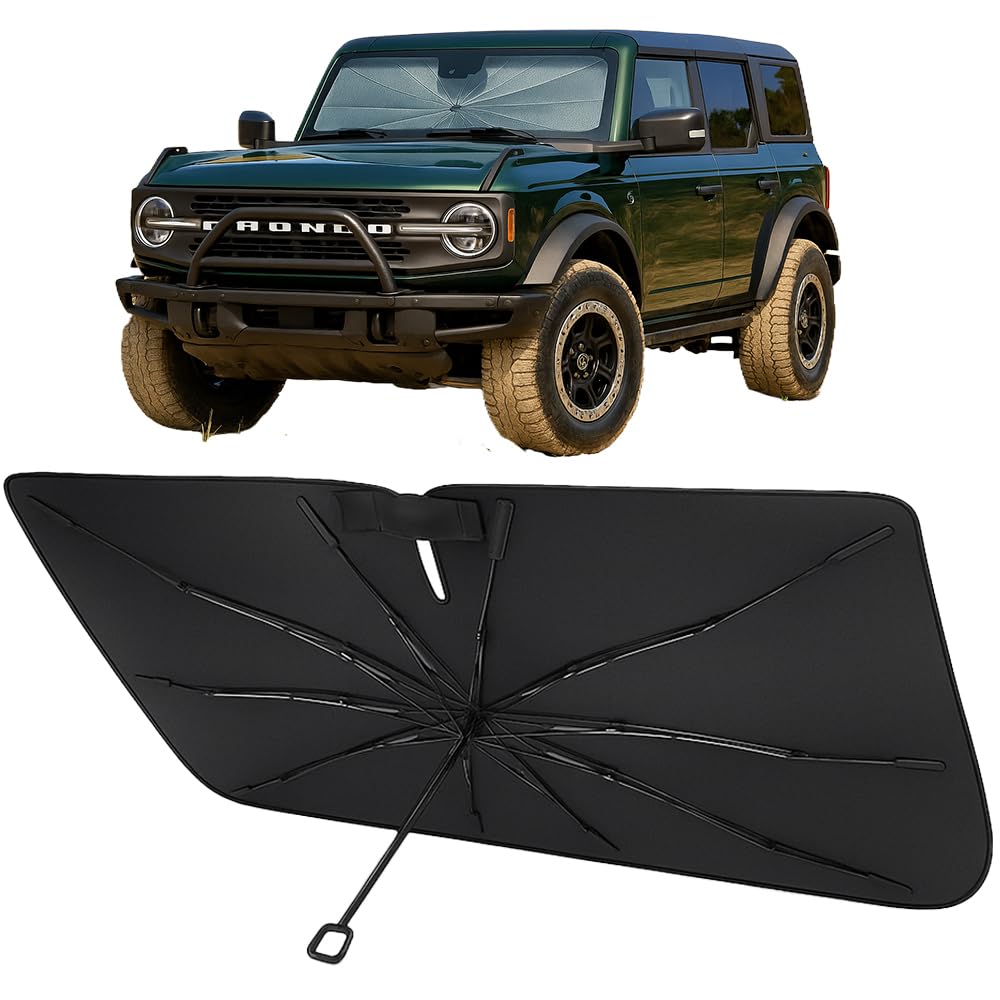 Proadsy Windshield Sun Shade Umbrella for 2021-2025 Ford Bronco 2/4-Door Foldable Car Umbrella Sunshade with Soft Handle,Keeps Your Vehicle Cool,Protect Car from Rays & Heat