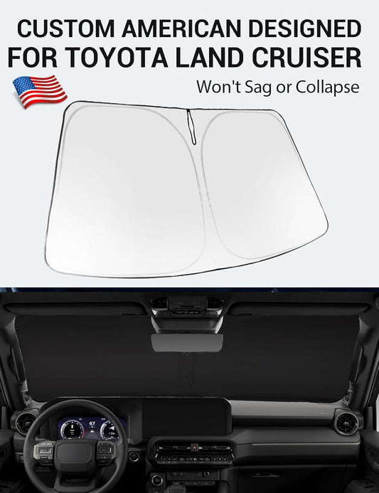 Custom American designed 2024-2026 Toyota Land Cruiser windshield sunshade, will not sag or collapse