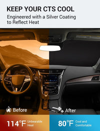 2014-2019 Cadillac CTS windshield sun shade keeps car interior cool, before and after comparison