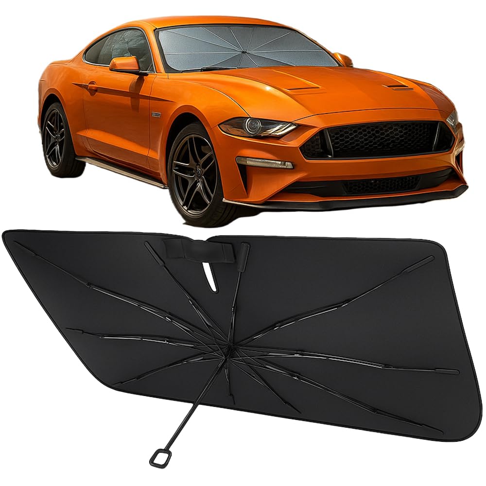 Proadsy Windshield Sun Shade Umbrella for Ford Mustang 2015-2023 Foldable Car Umbrella Sunshade with Soft TPU Handle Spring Structure Crystal Cooling Material Protect Car from Rays & Heat