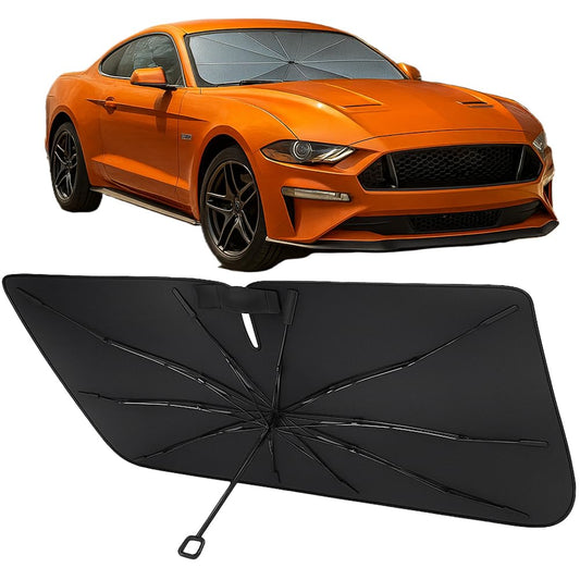 Proadsy Windshield Sun Shade Umbrella for Ford Mustang 2015-2023 Foldable Car Umbrella Sunshade with Soft TPU Handle Spring Structure Crystal Cooling Material Protect Car from Rays & Heat