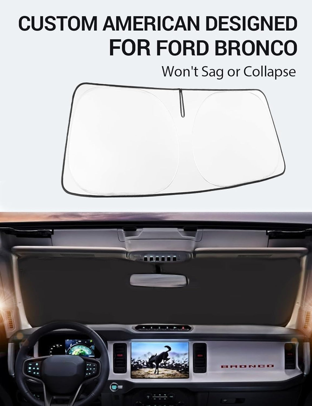 Proadsy Upgrade Windshield Sun Shade Custom Fit Ford Bronco 2/4-Door 2021-2024 2025 Foldable Front Sunshade Protector Blocks UV Rays Keep Car Cooler