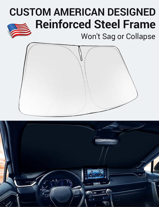 Custom fit 2022-2026 BMW i4 windshield sunshade with reinforced steel frame, will not sag or collapse