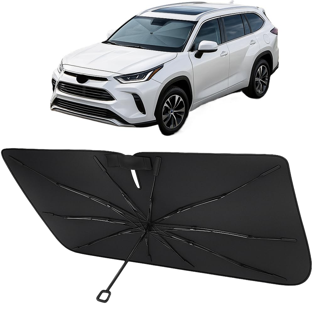 Proadsy Windshield Sun Shade Umbrella for Toyota Highlander 2020-2026/Grand Highlander 2024-2026 Foldable Car Sunshade with Soft TPU Handle Crystal Cooling Material Protect Car from Rays & Heat