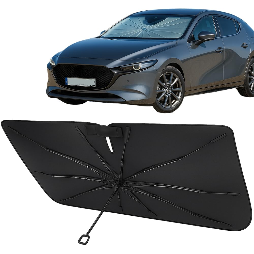 Proadsy Windshield Sun Shade Umbrella for Mazda 3 2019-2025 2026 Foldable Car Umbrella Sunshade with Soft TPU Handle Spring Structure Crystal Cooling Material Protect Car from Rays & Heat