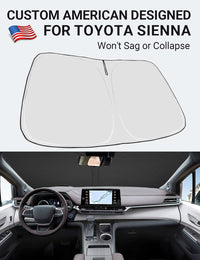 Custom American designed 2021-2026 Toyota Sienna windshield sunshade, will not sag or collapse