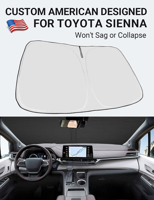 Custom American designed 2021-2026 Toyota Sienna windshield sunshade, will not sag or collapse