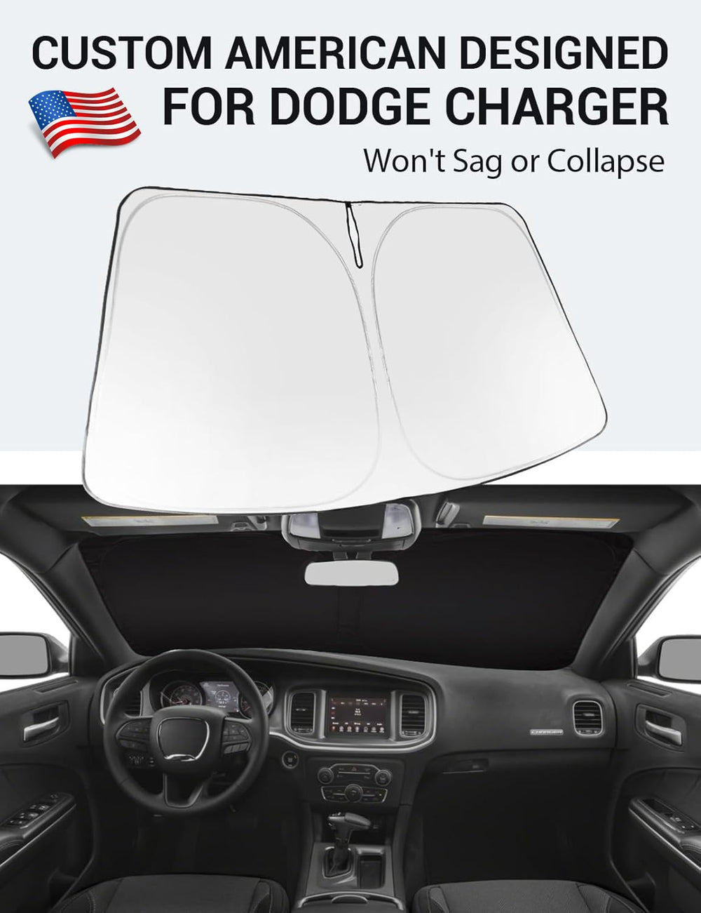 Proadsy 2025 Upgrade Windshield Sun Shade Custom Fit 2011–2023 2024 2025 Dodge Charger Foldable Front Sunshade Protector Sun Visor Blocks UV Rays Keep Car Cooler