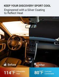 2014-2019 Land Rover Discovery Sport windshield sun shade keeps car interior cool, before and after comparison
