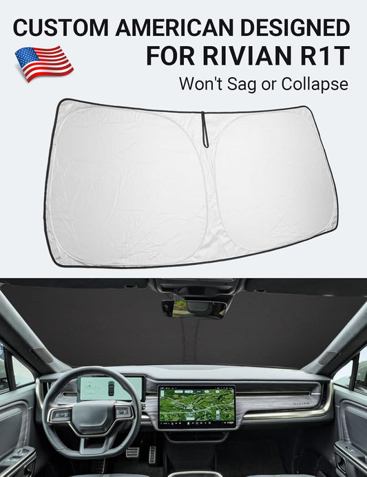Custom American designed 2022-2026 Rivian R1T Block windshield sunshade, will not sag or collapse
